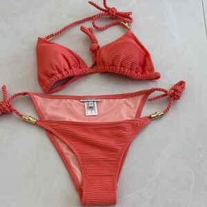 Heidi Klein Coral Red Ribbed Triangle Bikini Set